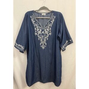 Kindred‎ Blue Chambray Peasant Boho Embroidered Shift Dress Womens Size 2X